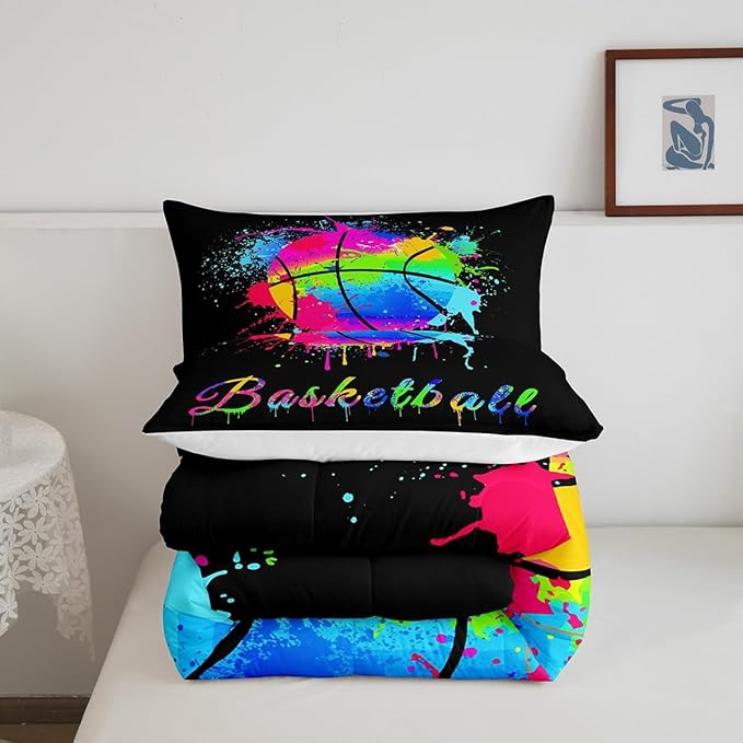 Feelyou Kids Basketball Comforter Set King Size Gaming Sports Bedding Set for Boys Girls Teens Bedroom Decor Ball Games Tie Dye Comforter Gift for Basketball Lover Duvet Set with 2 Pillow Case