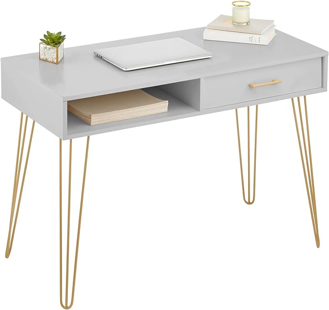 mDesign Metal/Wood Modern Computer Desk - Minimalist Desk and Computer Table with Drawer - Simple Desk with Storage Cubby and Hairpin Legs - Small Work Desk for Home Office, Study - Gray/Soft Brass