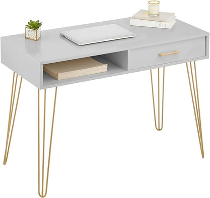 mDesign Metal/Wood Modern Computer Desk - Minimalist Desk and Computer Table with Drawer - Simple Desk with Storage Cubby and Hairpin Legs - Small Work Desk for Home Office, Study - Gray/Soft Brass