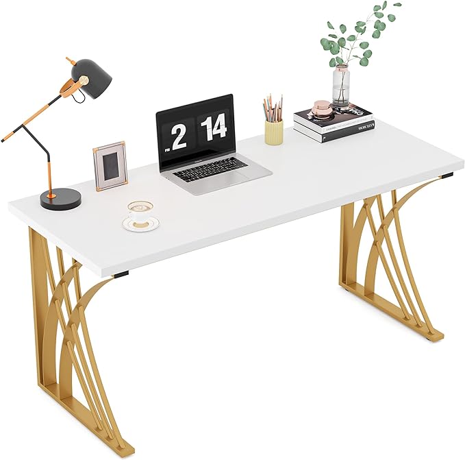 55’’ Large Modern Computer Desk, White & Gold Luxury Laptop PC Student Table, Makeup Vanity Table with Thick Frame & Strong Legs, Sturdy Writing Workstation for Home & Office