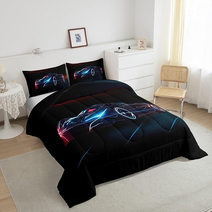 Feelyou Red Blue Race Car Bedding Set Full Size for Kids Boys Extreme Sport Games Comforter Set Teens Toddler Fast and Furious Duvet Set Cool Modern Quilt Set 3Pcs