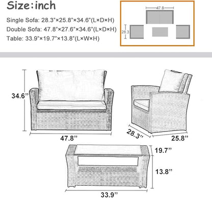 FDW Sectional Sofa Rattan Chair Wicker Conversation Set Outdoor Backyard Porch Poolside Balcony Garden Furniture with Coffee Table, Brown
