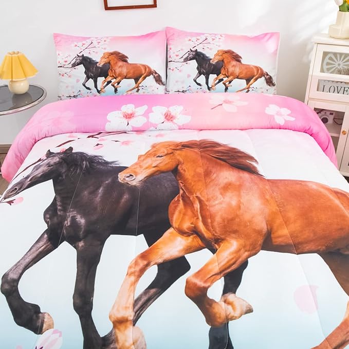 Feelyou Girls Horse Comforter Set Full Size Galloping Horses Bedding Set for Kids Teens Cherry Blossom Comforter 3D Wild Animal Duvet Set Farmhouse Bedroom Decor Quilt Set with 2 Pillow Cases 3Pcs