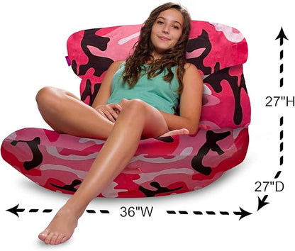 Posh Creations Structured Comfy Bean Bag Chair for Gaming, Reading and Watching TV, Laguna Lounger, Nylon - Camo Pink and Black