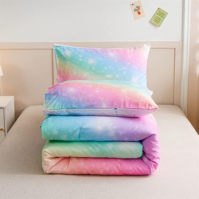 Holawakaka Girls Ombre Glitter Comforter Set, Twin Size Gradient Rainbow Galaxy Print Kids Bedding Sets, Multi-color Ultra-soft Dorm Bed Set (Pink Green, Twin)