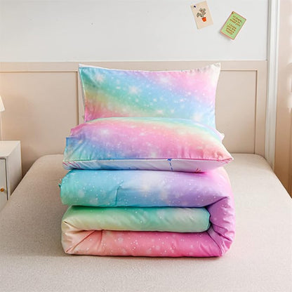 Holawakaka Girls Ombre Glitter Comforter Set, Twin Size Gradient Rainbow Galaxy Print Kids Bedding Sets, Multi-color Ultra-soft Dorm Bed Set (Pink Green, Twin)