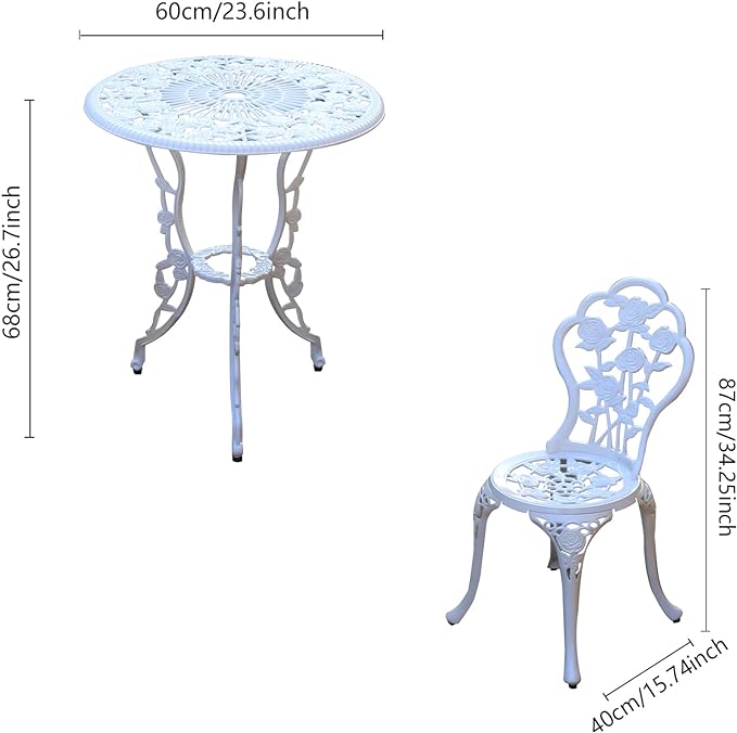 Patio Bistro Set.Rust-Resistant Cast Aluminum Bistro Table Set with Umbrella Hole for Backyard (Rose White)