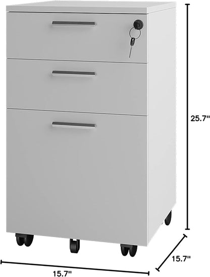 Lazio 26 Inch File Cabinet with Lock - Filing Cabinet for Home and Office - 3 Drawer File Cabinet with Wheels for A4 Sized Letters/Documents, Legal Sized Documents, Hanging File Folders - White/White
