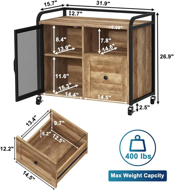 BON AUGURE Filing Cabinet for Home Office, Lateral File Cabinet with Drawer for Letter/ A4 Size, Mobile Printer Stand with Open Storage (Vintage Oak)