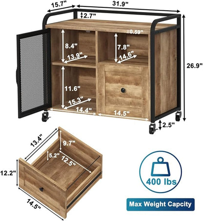 BON AUGURE Filing Cabinet for Home Office, Lateral File Cabinet with Drawer for Letter/ A4 Size, Mobile Printer Stand with Open Storage (Vintage Oak)