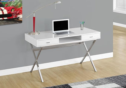 Monarch Specialties Laptop Table with Drawers and Open Shelf Computer, Writing Desk, Metal Sturdy Legs, 48" L, Glossy White