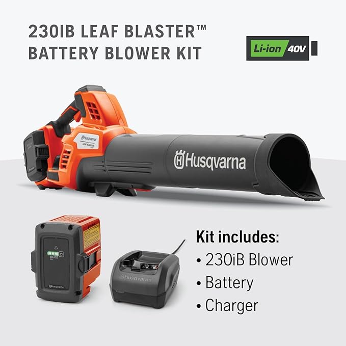 Husqvarna 230iB Battery Powered Cordless Leaf Blower, 136-MPH 650-CFM Electric Leaf Blower with Brushless Motor and Quiet Operation, 40V Lithium-Ion Battery and Charger Included