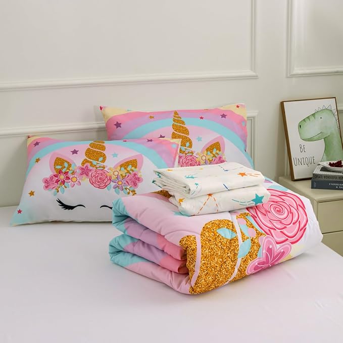 NTBED Unicorn Twin Comforter Set with Sheets,5 Pieces Kids Bedding Sets for Girls, Lightweight Microfiber Star Rainbow Bed in a Bag