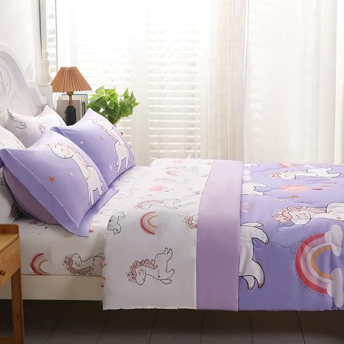 Wajade Kids Purple Unicorn Comforter Set Bed in A Bag Twin Size 7 Piece Cute Unicorn Rainbow Clouds Bedding Set for Girls (1 Comforter, 1 Flat Sheet, 1 Fitted Sheet, 2 Pillowcase and 2 Pillow Sham)
