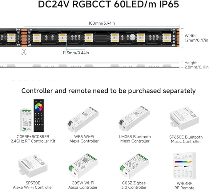 BTF-LIGHTING RGBCCT 5 Colors in 1 LED 5050SMD RGBWW RGB+Dimmable Tunable Color Temperature 2700K-6500K 16.4ft 60LEDs/m 300LEDs DC24V Multi-Colored Lights IP65 for Decoration(No Adapter or Controller)