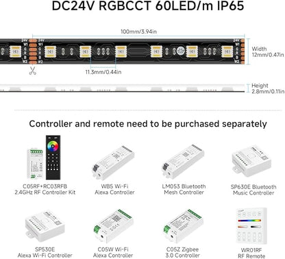 BTF-LIGHTING RGBCCT 5 Colors in 1 LED 5050SMD RGBWW RGB+Dimmable Tunable Color Temperature 2700K-6500K 16.4ft 60LEDs/m 300LEDs DC24V Multi-Colored Lights IP65 for Decoration(No Adapter or Controller)