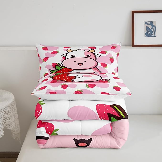 Feelyou Milk Cow Comforter Pink White Cow Strawberry Comforter Set Bedding Set for Kids Adults Kawaii Girls Milk Cow Print Duvet Set Soft Room Decor King Size Quilt Boys