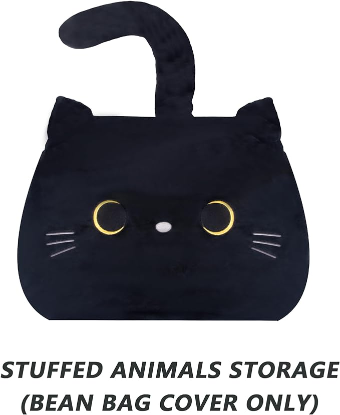 Stuffed Animal Storage Bean Bag Chair Cover for Kids Black Cat Beanbag Chair for Girls Large Size Toy Organizer Cover Only Without Filling