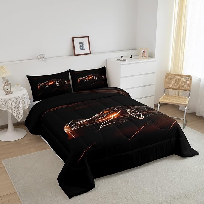 Feelyou Orange Race Car Bedding Set Twin Size for Kids Boys Extreme Sport Games Comforter Set Teens Toddler Fast and Furious Duvet Set Cool Modern Quilt Set 2Pcs