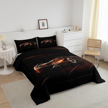Feelyou Orange Race Car Bedding Set Full Size for Kids Boys Extreme Sport Games Comforter Set Teens Toddler Fast and Furious Duvet Set Cool Modern Quilt Set 3Pcs