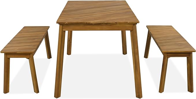 3-Pieces Patio Dining Set with Acacia Wood Tabletop and 2 Benches, Outdoor & Indoor Table and Chairs Furniture for Picnic Barbecue, Porch, Garden, Poolside, Onesize, Natural