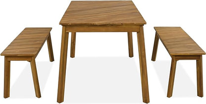 3-Pieces Patio Dining Set with Acacia Wood Tabletop and 2 Benches, Outdoor & Indoor Table and Chairs Furniture for Picnic Barbecue, Porch, Garden, Poolside, Onesize, Natural