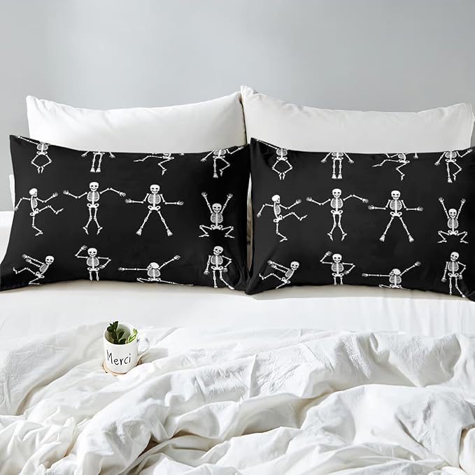 Erosebridal Sugar Skull Comforter Set King Size Skeleton Bones Bedding Set for Kids Boys Girls Teens Adult Halloween Horror Theme Down Comforter Gothic Spooky Duvet Sets with 2 Pillow Cases