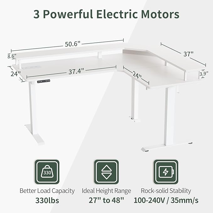 FEZIBO 63" Triple Motor L Shaped Standing Desk with LED Strip & Power Outlets, Height Adjustable Stand up Corner Gaming Desk with Ergonomic Monitor Stand, White Top/White Frame