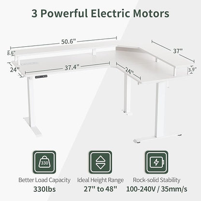 FEZIBO 63" Triple Motor L Shaped Standing Desk with LED Strip & Power Outlets, Height Adjustable Stand up Corner Gaming Desk with Ergonomic Monitor Stand, White Top/White Frame