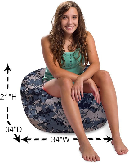Posh Creations Structured Comfy Bean Bag Chair for Gaming, Reading and Watching TV, 100in Round Classic Chair, Nylon - Camo Digital