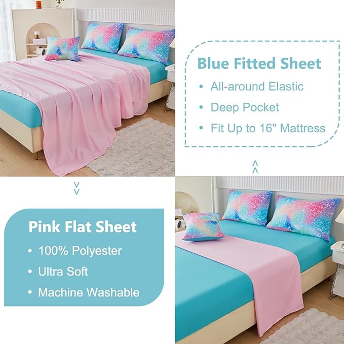 PERFEMET Full Size Comforter Sets for Kids Girls 6 Pieces Pink Green Ombre Rainbow Bedding Set Colorful Tie Dye Glitter Teen Girls Bed in A Bag