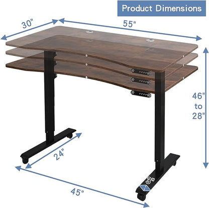 Mobile Rolling Electric Standing Desk Height Adjustable, 55 x 30 Inches Sit to Stand Desk with Splice Board, Black Frame/Rustic Brown Top