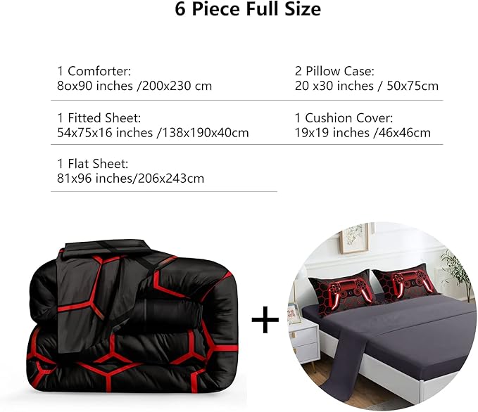 6 Pieces Gaming Bedding Set for Boys Gamer Comforter Set Full Size,Game Controller Comforter for Boys Kids Adult 3D Gamepad Microfiber Bedding 5 Pieces Bed in A Bag Sets-H50023,Full