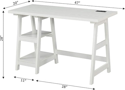 Convenience Concepts Designs2Go Trestle Desk with Charging Station and Shelves, White