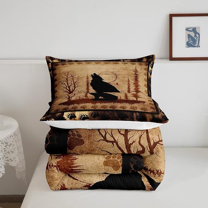 Feelyou Cute Wolf Comforter Set for Girls Boys Kids Wolves Howling Bedding Set Room Decorative Animal Wolves Tree Pattern Bedding Set Exotic Style Brown Black Duvet Set Twin Size 2Pcs Quilt Set