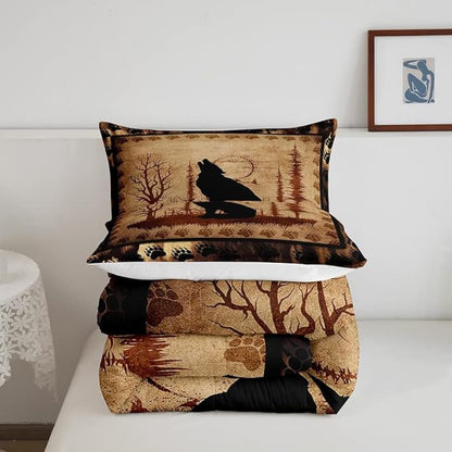 Feelyou Cute Wolf Comforter Set for Girls Boys Kids Wolves Howling Bedding Set Room Decorative Animal Wolves Tree Pattern Bedding Set Exotic Style Brown Black Duvet Set Twin Size 2Pcs Quilt Set