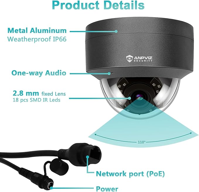 Anpviz 5MP PoE Camera, Outdoor Vandal Dome Security PoE IP Camera with Audio, 98ft Night Vision, H.265, 24/7 Recording Waterproof IP66 Indoor, Wide Angle 2.8mm (Grey), NDAA Compliant (U Series)