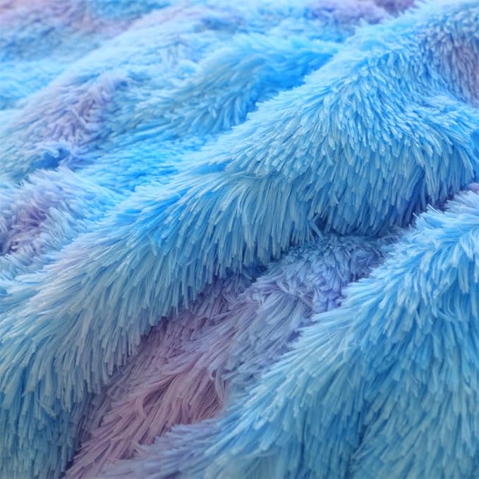 Faux Fur Kids Girls Blue Rainbow Comforter Sets Twin/Full - 3PC Bed Set Warm Comfortable Soft Plush Flannel Velvet Fluffy Fuzzy Bedding（Comforter x 1 Pillowcases x 2）