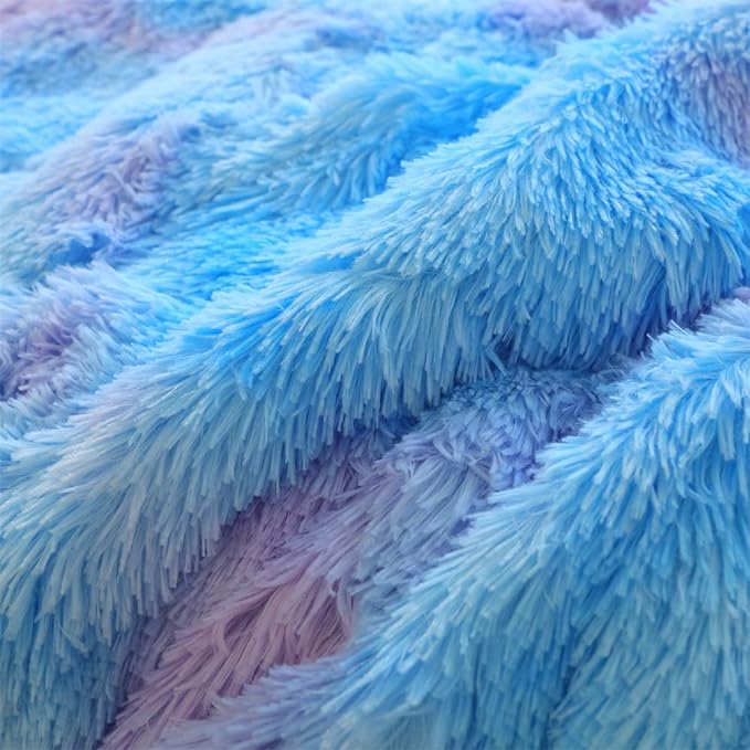 Faux Fur Kids Girls Blue Rainbow Comforter Sets Queen - 3PC Bed Set Warm Comfortable Soft Plush Flannel Velvet Fluffy Fuzzy Bedding（Comforter x 1 Pillowcases x 2）