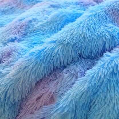Faux Fur Kids Girls Blue Rainbow Comforter Sets Queen - 3PC Bed Set Warm Comfortable Soft Plush Flannel Velvet Fluffy Fuzzy Bedding（Comforter x 1 Pillowcases x 2）