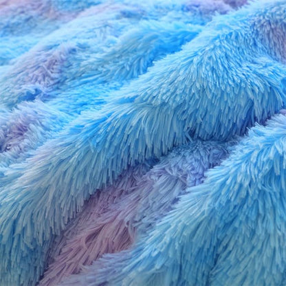 Faux Fur Kids Girls Blue Rainbow Comforter Sets King - 3PC Bed Set Warm Comfortable Soft Plush Flannel Velvet Fluffy Fuzzy Bedding（Comforter x 1 Pillowcases x 2）