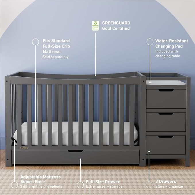 Graco Remi 4-in-1 Convertible Crib & Changer with Drawer (Gray) – GREENGUARD Gold Certified, Crib and Changing -Table Combo, Includes Changing Pad, Converts to Toddler Bed, Daybed and Full-Size Bed