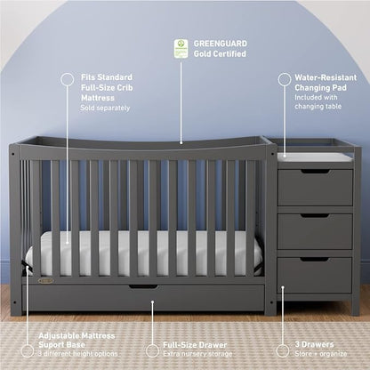 Graco Remi 4-in-1 Convertible Crib & Changer with Drawer (Gray) – GREENGUARD Gold Certified, Crib and Changing -Table Combo, Includes Changing Pad, Converts to Toddler Bed, Daybed and Full-Size Bed