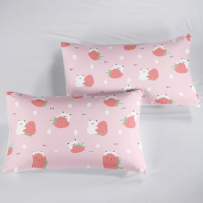 Cartoon Bear Comforter King Size,Pink Strawberry Comforter Set for Kids Teens Girls,3Pcs Bedding Set Printed Comforter with 2 Pillowcases,Down Alternative,Soft and Lightweight，King Size