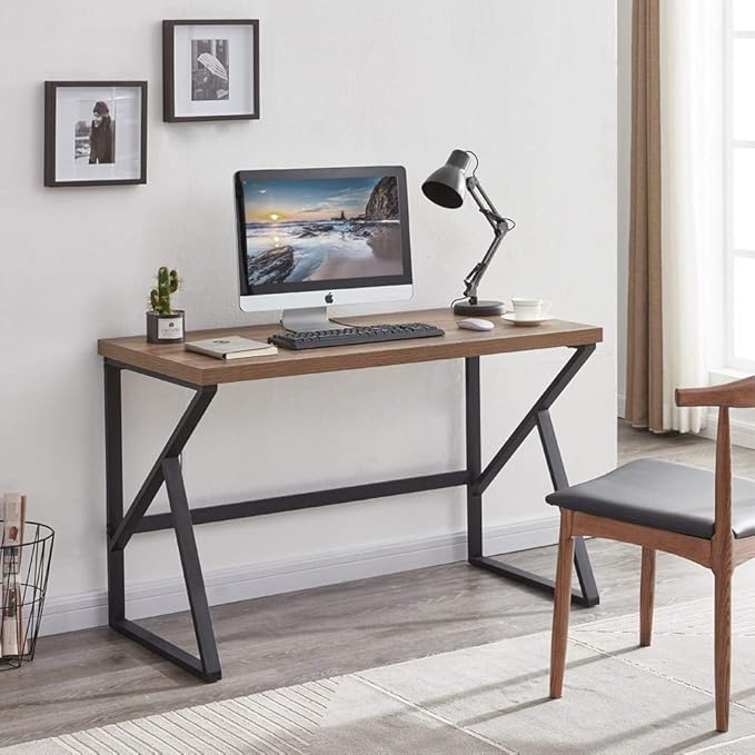HSH Industrial Home Office Desk Computer Table, Metal and Wood PC Desk, Vintage Sturdy Work Study Writing Desks Computer Desk for Bedroom Livingroom, Rustic Oak 47 inch
