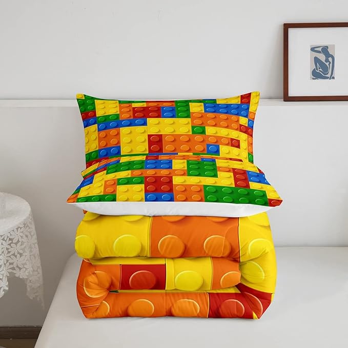 Feelyou Games Comforter Set King Building Blocks Bedding Set for Kids Boys Girls Colorful Geometric Toy Brick Comforter Gaming Nursery Quilt Duvet Set with 2 Pillowcase Boys