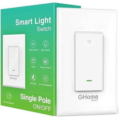 GHome Smart Switch, 2.4Ghz Wi-Fi Light Switch Compatible with Alexa, Google Home, Neutral Wire Required, Single-Pole,UL Certified,Voice Control and Timer, No Hub Required,1 Pack, White (SW5)