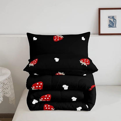 Kawaii Bedding Strawberry Comforter Set King Size Strawberry Decor Down Comforter Red Strawberry Bedding Set Cute Fruits Theme Sweet Strawberry Quilt Set Soft Reversible with 2 Pillowcases, Red Black