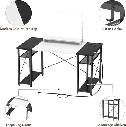 armocity Computer Desk, 55 Inch Desk with Power Outlet and USB, Reversible Large Desk with Moveable Monitor Stand, Industrial Gaming PC Table for Home Office, Workstation, White and Black