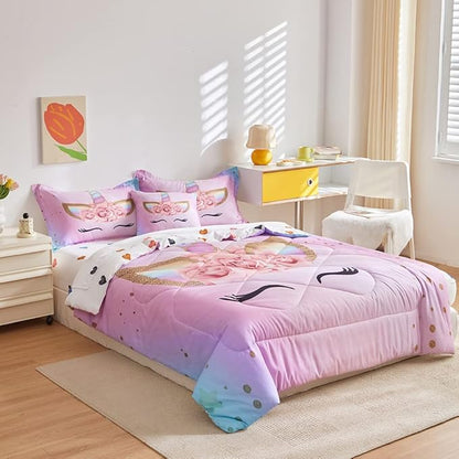 ADASMILE A & S Twin Unicorn Comforter Sets for Girls 6 Pieces Pink Floral Unicorn Bedding Set with Colorful Cute Love Heart Sheets Twin for Girls Unicorn Bed in a Bag Comforter for Home Decor